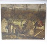 Early 20th century oil on canvas, figures working on farm buildings, 80cm x 100cm, unframed