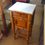 A Continental marble-top and polished pine pot cupboard, on turned legs, W42cm, D36cm, H84cm