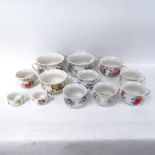 12 ornamental Portmeirion chamber pots with floral decoration, largest 18.5cm diameter