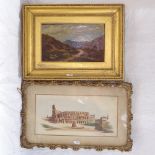 19th century oil on canvas on board, rocky mountain landscape, 15.5cm x 25.5cm, gilt-framed, and