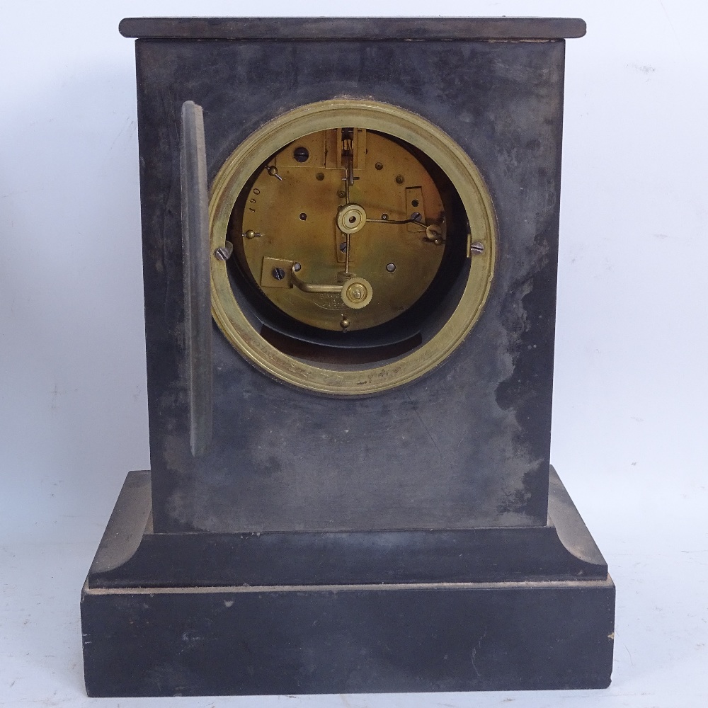 A 19th century slate-cased mantel clock, and a plaster-framed wall mirror, clock height 26cm (2) - Image 3 of 3