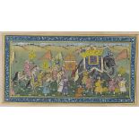 Indian/Mughal gouache on paper, a procession, image 4.5" x 8.5", framed Paper discolouration