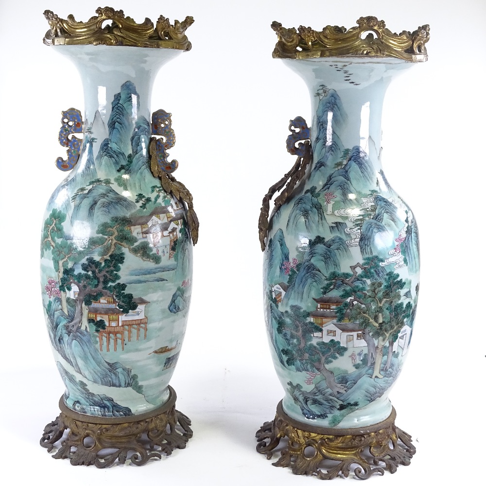 A pair of large 18th century Chinese enamelled porcelain vases, hand painted with extensive mountain - Image 6 of 11