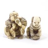 2 signed ivory carved figures, crouching man netsuke, and boy with tortoise, largest 4cm high.