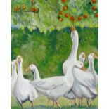 Clive Fredriksson, oil on board, gaggle of geese, 27" x 19", framed