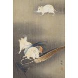 Ohara Koson (1877 - 1945), colour woodblock print, 3 white mice, signed with a seal, 13" x 7",