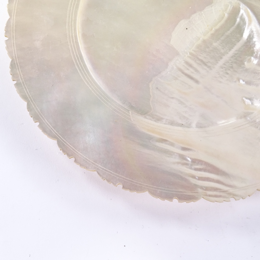 Set of 4 Chinese carved mother of pearl dishes, with serrated edges and ring detail, diameter 18. - Image 3 of 5