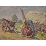 Phyllis Nelson, oil on board, farm carts, signed, 9" x 12", framed Very good condition