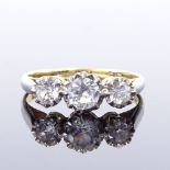 An 18ct gold 3-stone white sapphire ring, palladium-topped settings, setting height 6.2mm, size O/P,