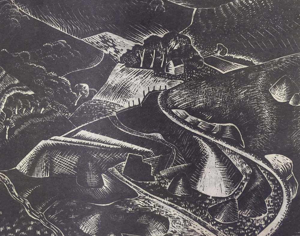 Circle of Paul Nash, wood-cut print, stylised landscape, inscribed proof, image 5.5" x 7",
