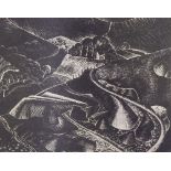 Circle of Paul Nash, wood-cut print, stylised landscape, inscribed proof, image 5.5" x 7",