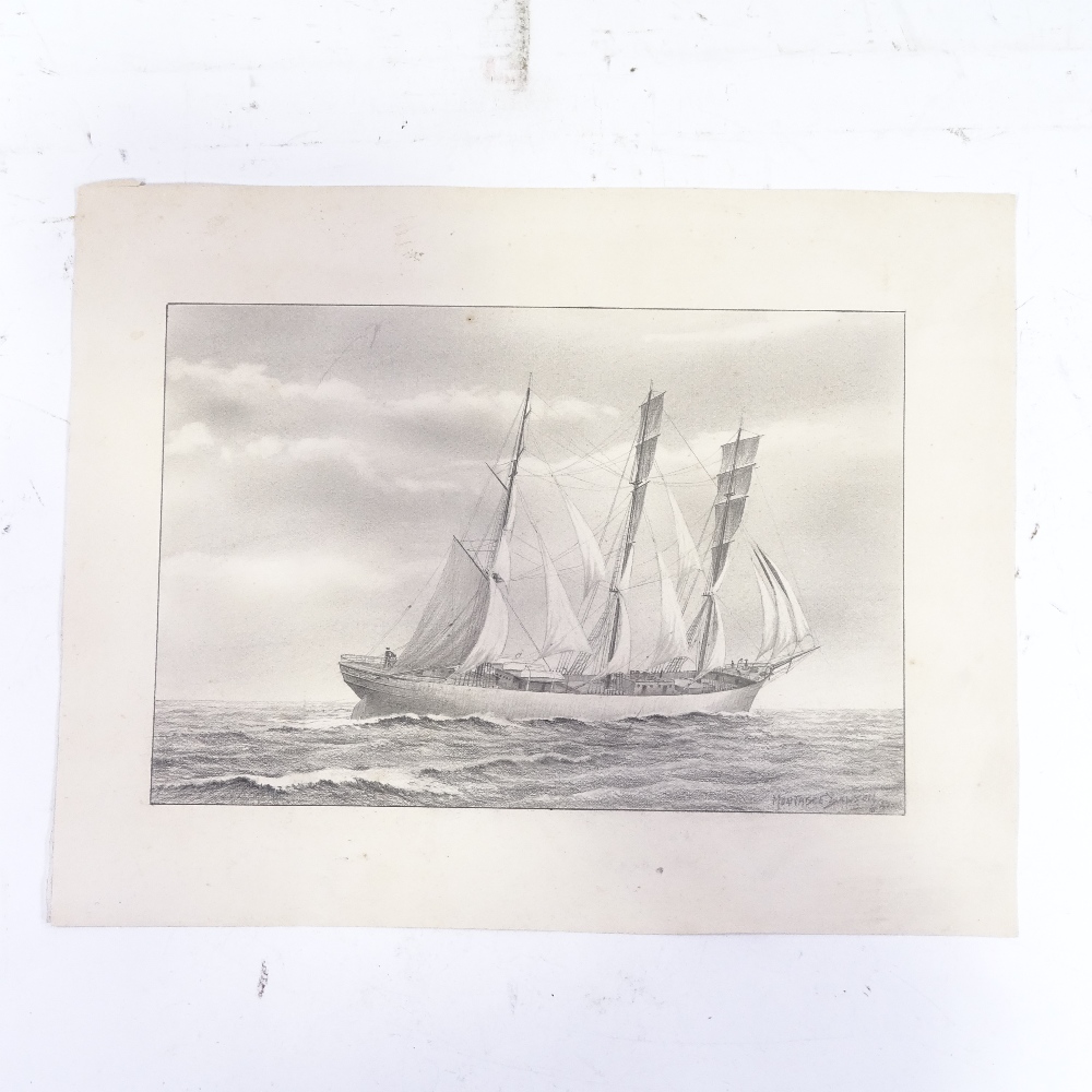 Attributed to Montague Dawson, pencil drawing, ship at sea, image 8.5" x 12.5", unframed Fox mark at - Image 3 of 4