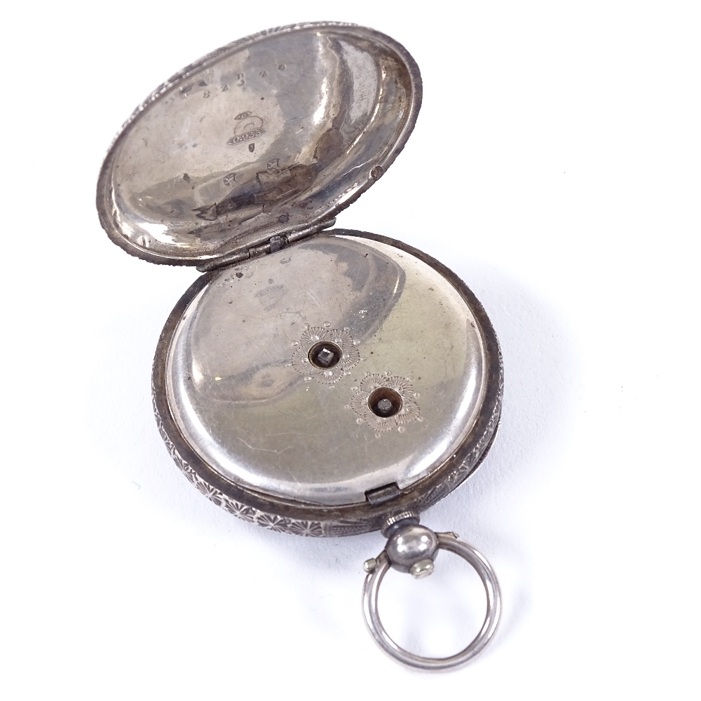 A 19th century Continental silver open-face key-wind fob watch, square-framed gilt white enamel dial - Image 5 of 8