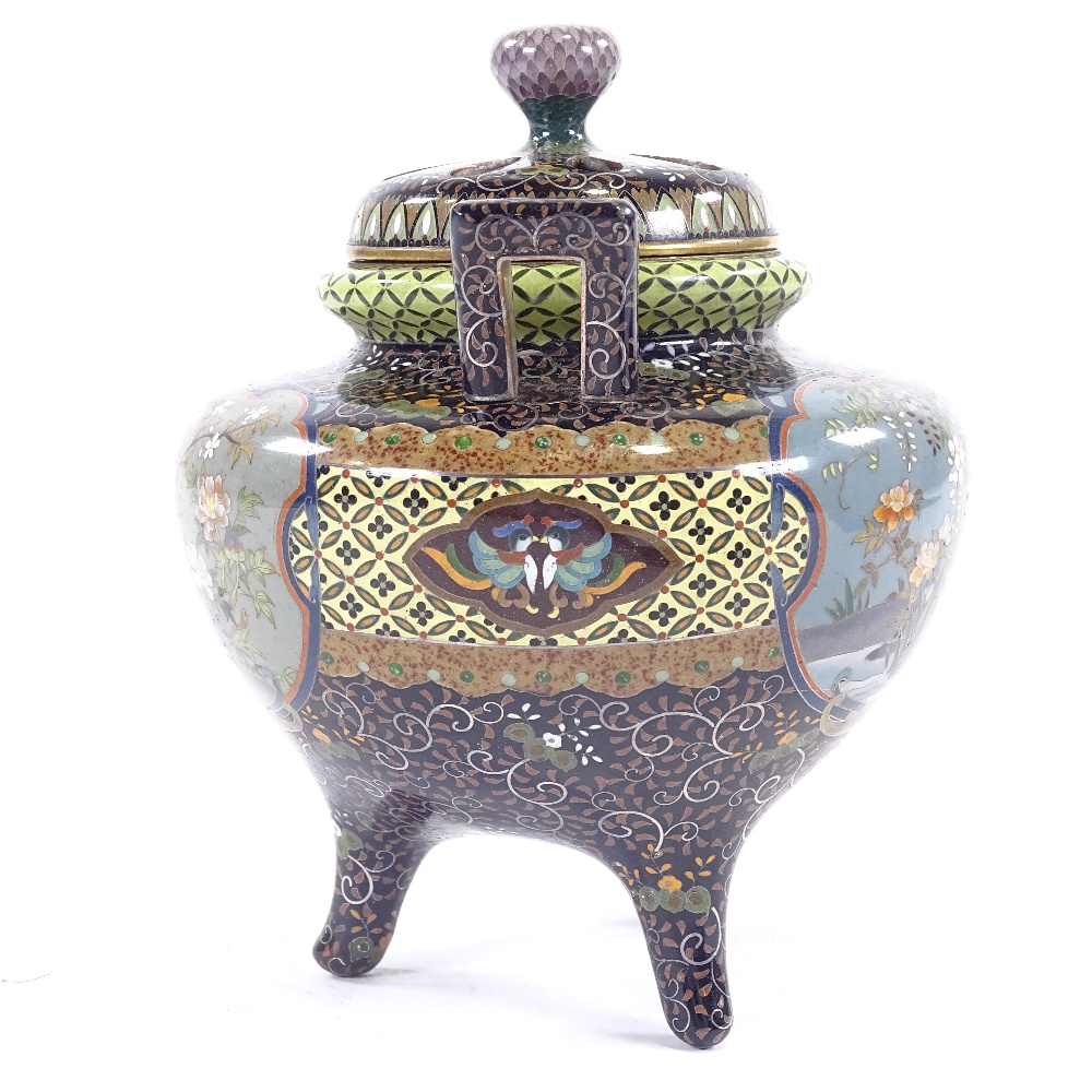 An extremely fine Japanese cloisonne censer Meiji period, with pierced lid, two handled on tripod - Image 3 of 14