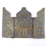 A Russian relief cast bronze triptych icon with blue enamel decoration, height 10cm