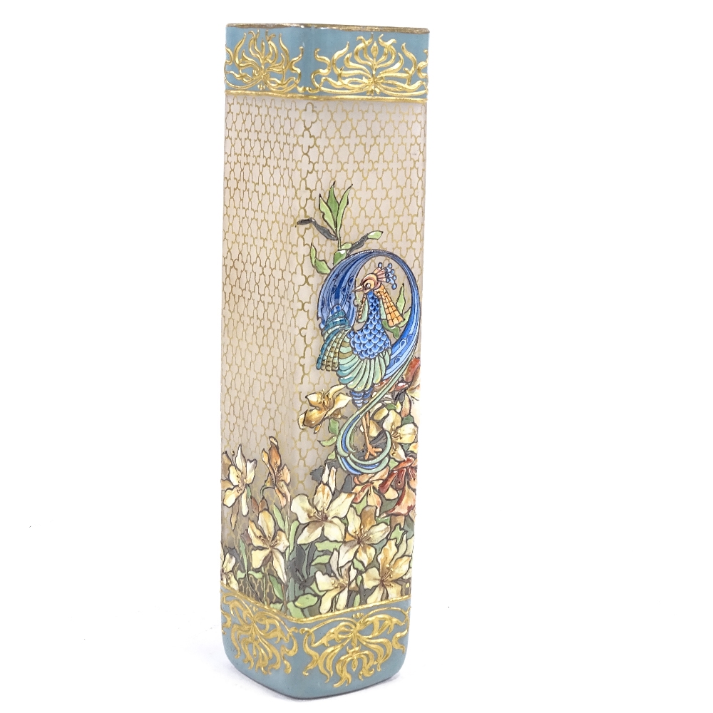 An Art Nouveau square-section opaque glass vase, with hand painted enamel peacock and flower - Image 2 of 8