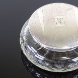 A George VI silver-topped wheel-cut glass powder bowl, Art Deco engine turned decoration, by W