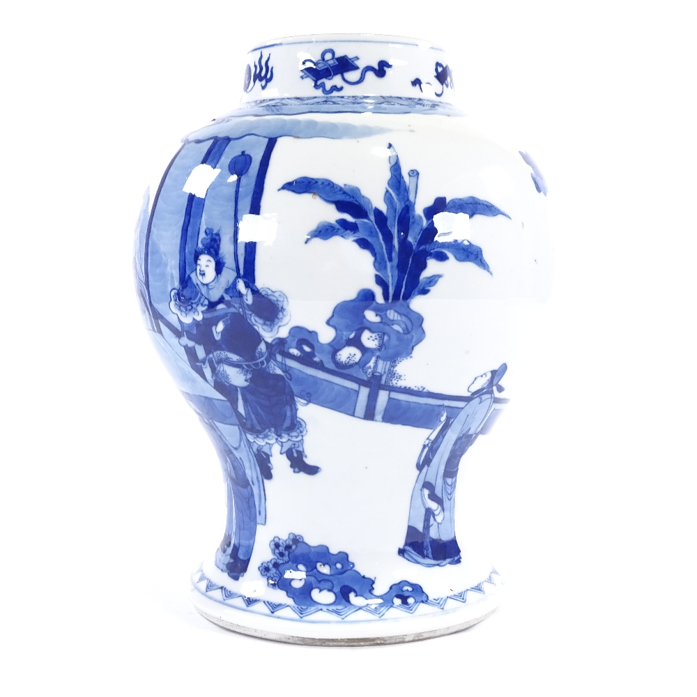 An antique Chinese blue and white bulbous vase, with hand painted court scene, possibly Kangxi, - Image 4 of 7