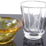 Orrefors clear glass vase with etched figure, height 10cm, and a mottled Studio glass bowl,