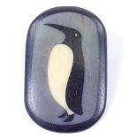 A Scandinavian stained bakelite modernist penguin brooch, unmarked, brooch length 54.5mm, 16.5g Good