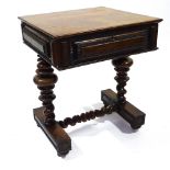 A 19th century Portuguese rosewood sewing table with rising top, carved panelled surround, on turned