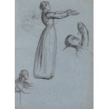 Attributed to Laura Knight (1887 - 1970), pencil on blue paper, studies of a woman, unsigned, 14"