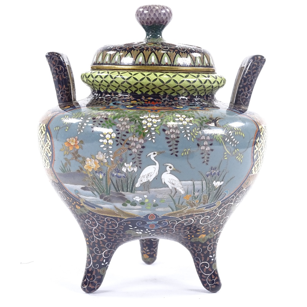 An extremely fine Japanese cloisonne censer Meiji period, with pierced lid, two handled on tripod - Image 4 of 14
