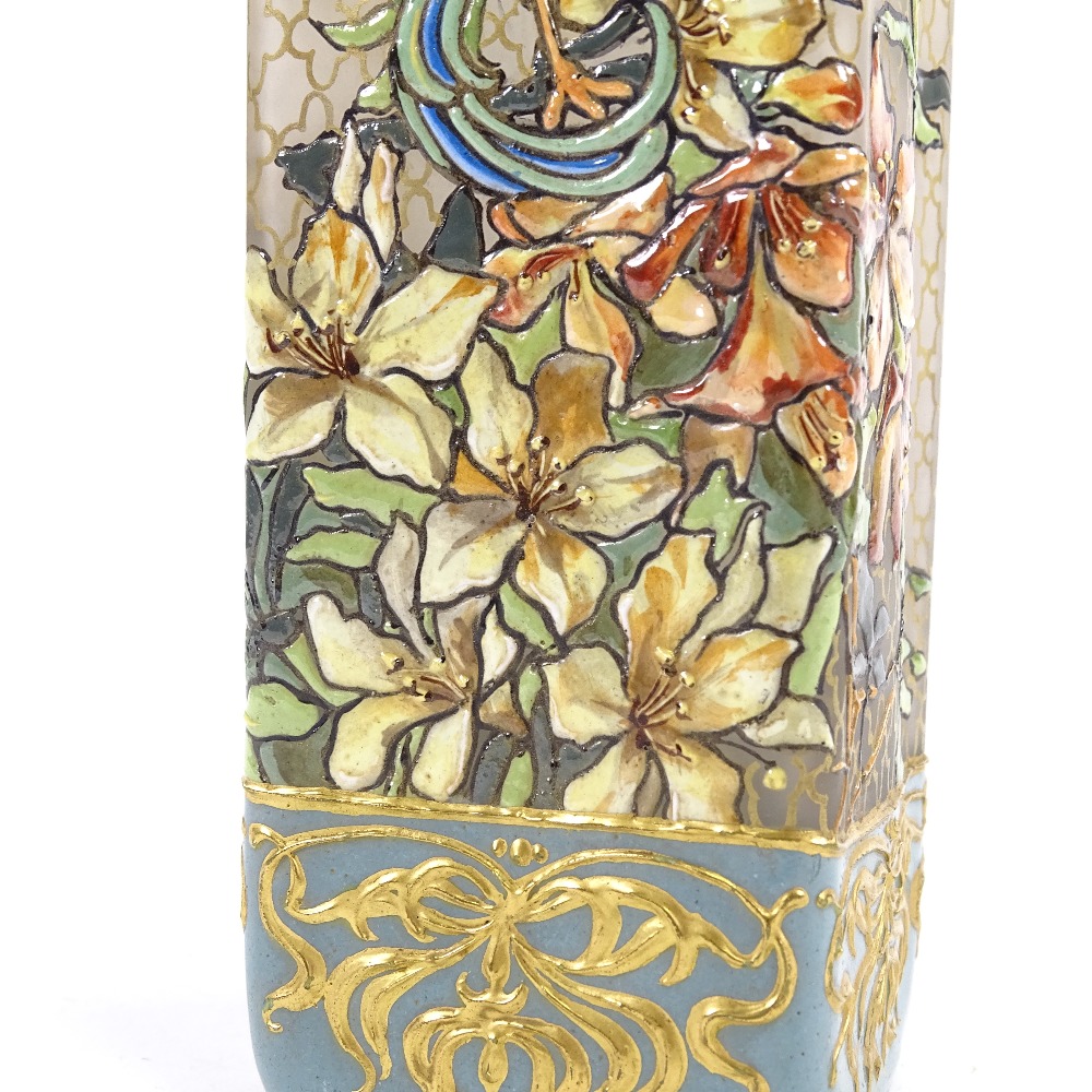 An Art Nouveau square-section opaque glass vase, with hand painted enamel peacock and flower - Image 6 of 8