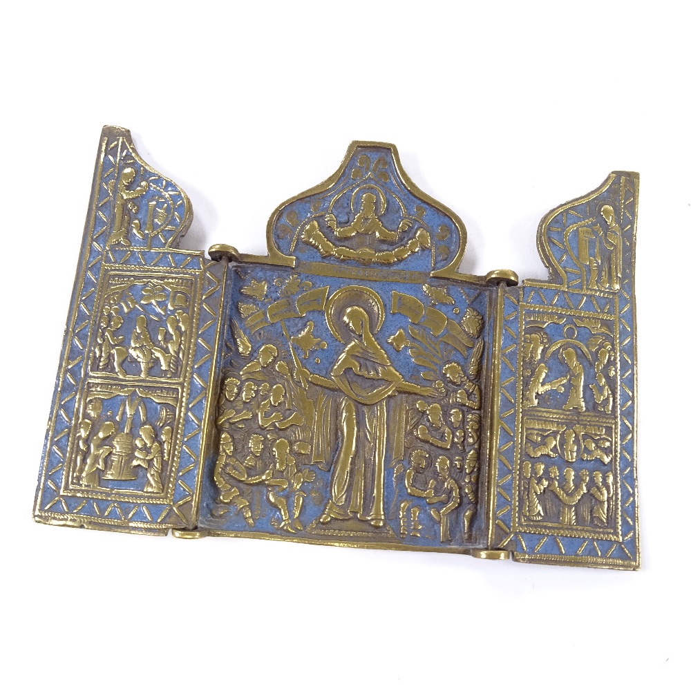 A Russian relief cast bronze triptych icon with blue enamel decoration, height 10cm - Image 5 of 5