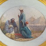 A small 19th century oval oil on board, market traders near the pyramids, unsigned, 4" x 5.25",