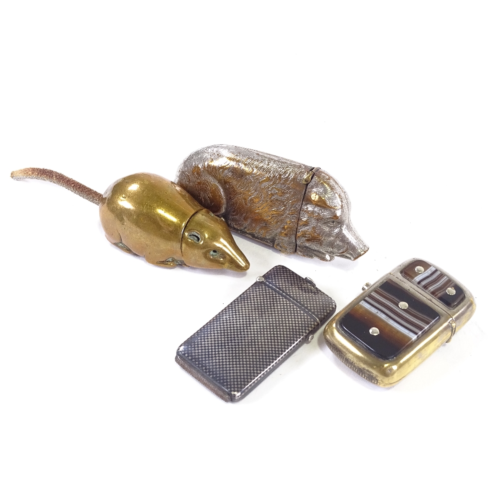 4 Silver and metal vesta cases, French silver niello, a pig, a mouse and an agate panelled case.