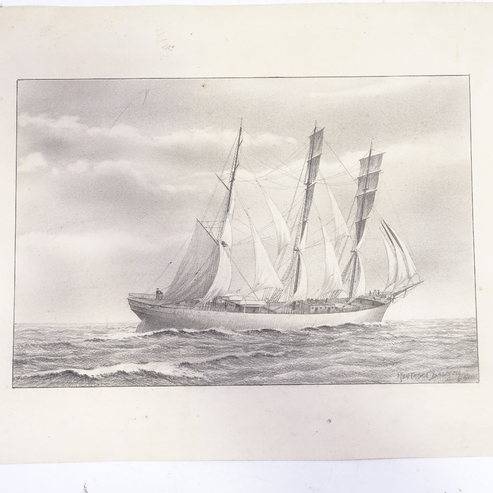 Attributed to Montague Dawson, pencil drawing, ship at sea, image 8.5" x 12.5", unframed Fox mark at