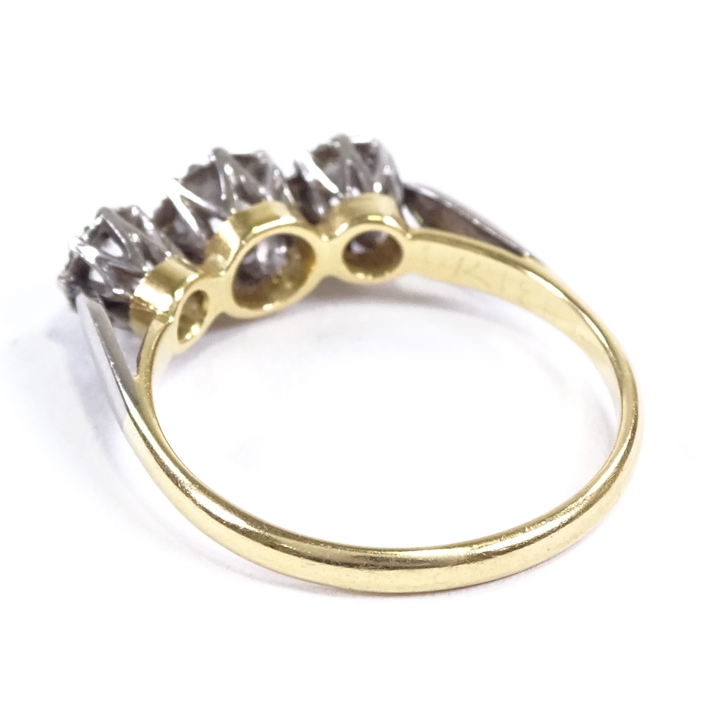 An 18ct gold 3-stone white sapphire ring, palladium-topped settings, setting height 6.2mm, size O/P, - Image 2 of 4