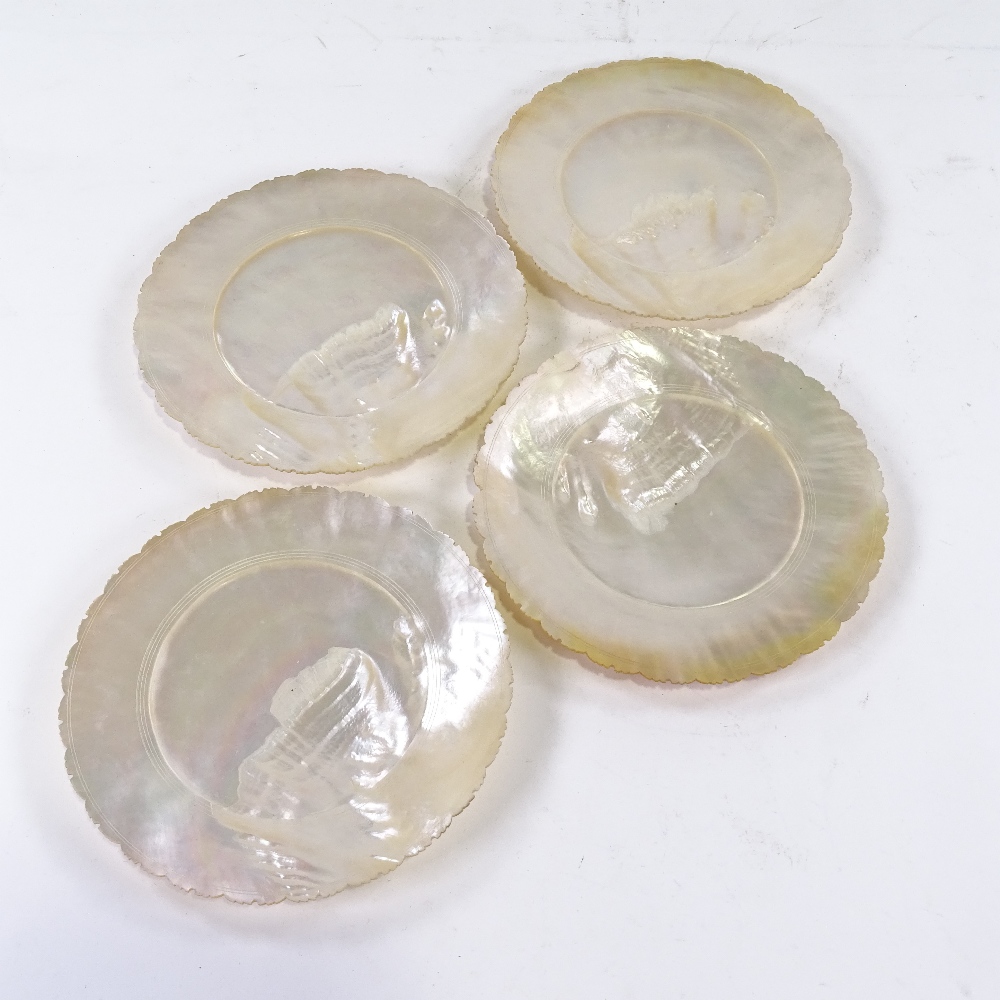 Set of 4 Chinese carved mother of pearl dishes, with serrated edges and ring detail, diameter 18. - Image 2 of 5