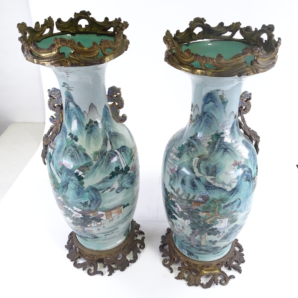 A pair of large 18th century Chinese enamelled porcelain vases, hand painted with extensive mountain - Image 5 of 11