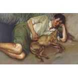 After Lucian Freud, modern oil on board, boy with a dog, unsigned, 20" x 30", framed