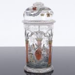 A Germanic glass jar and cover, in the style of Fritz Heckert, height 15cm. In good condition,