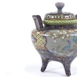An extremely fine Japanese cloisonne censer Meiji period, with pierced lid, two handled on tripod