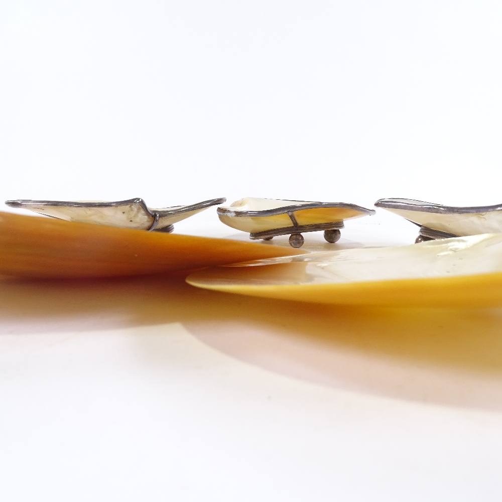 3 Chinese white metal framed mother of pearl dishes, on bun feet, together with 3 large unframed - Image 4 of 5