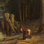 19th century oil on canvas, timber workers in woodland, unsigned, 30" x 25", framed Good condition