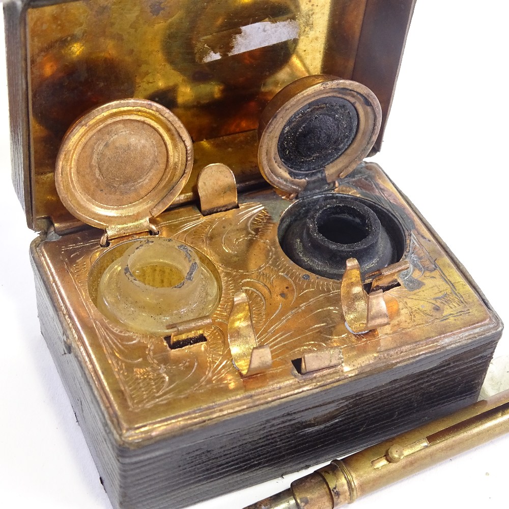 2 leather cased travelling inkwells, largest 7cm long. All complete condition with good fastening - Image 3 of 7