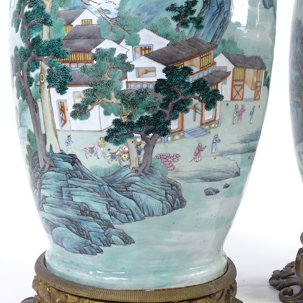 A pair of large 18th century Chinese enamelled porcelain vases, hand painted with extensive mountain - Image 3 of 11