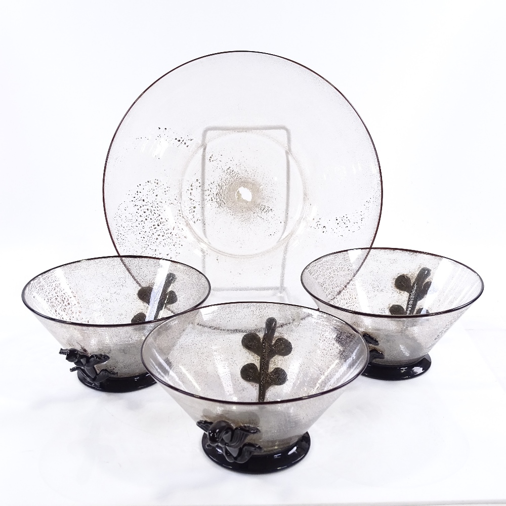 A set of 3 Venetian gold speckle glass bowls, with applied black glass mounts, 13cm across, and a - Image 2 of 3