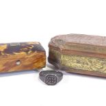 A 18th century Dutch tobacco box, in brass and copper, with engraved scenes and inscription,
