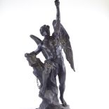 After Emile Louis Picault (1833-1915), "Le Génie Humain" bronzed spelter angel statue lamp, height