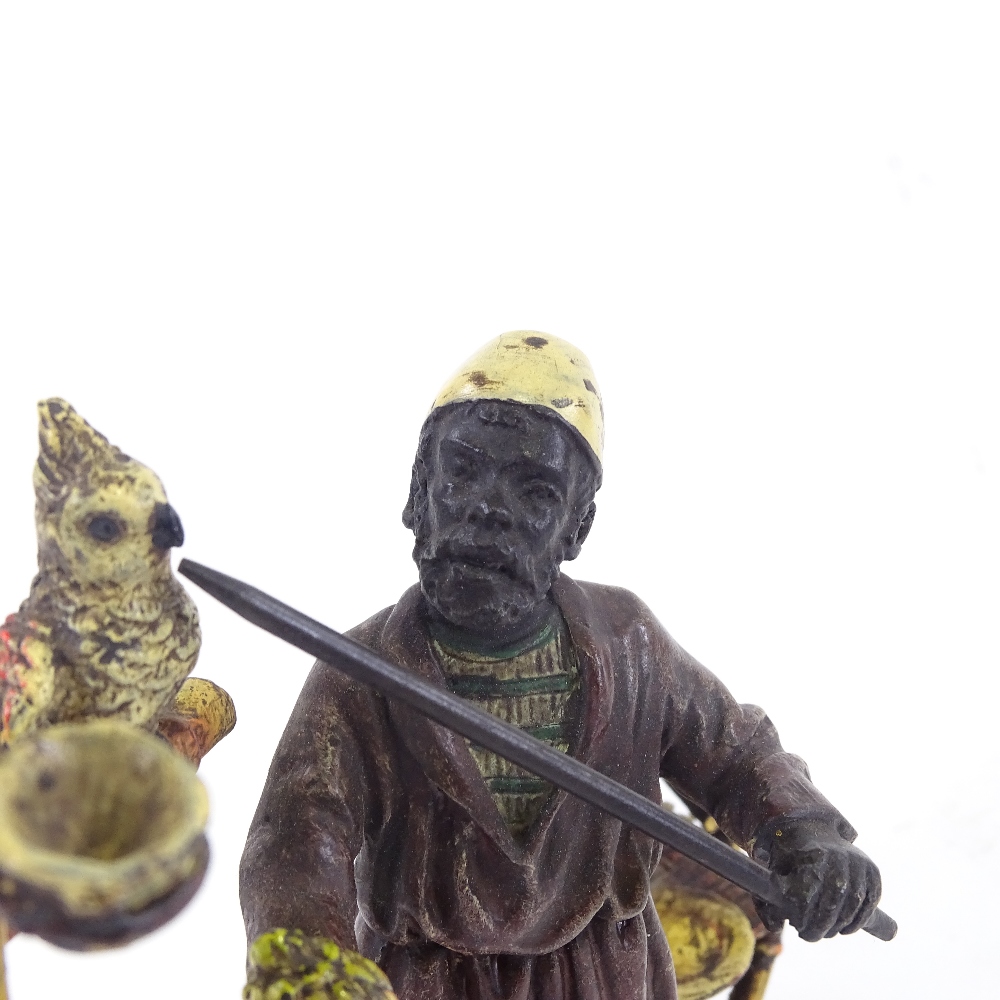 A Franz Bergmann style Vienna cold painted bronze, North African man with parrots, monkey and owl, - Image 7 of 9