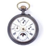 A Vintage gun metal-cased open-face top-wind full calendar pocket watch, white enamel dial with