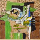 Acrylic on board, cubist style, still life, unsigned, 15" x 16", framed Very good condition