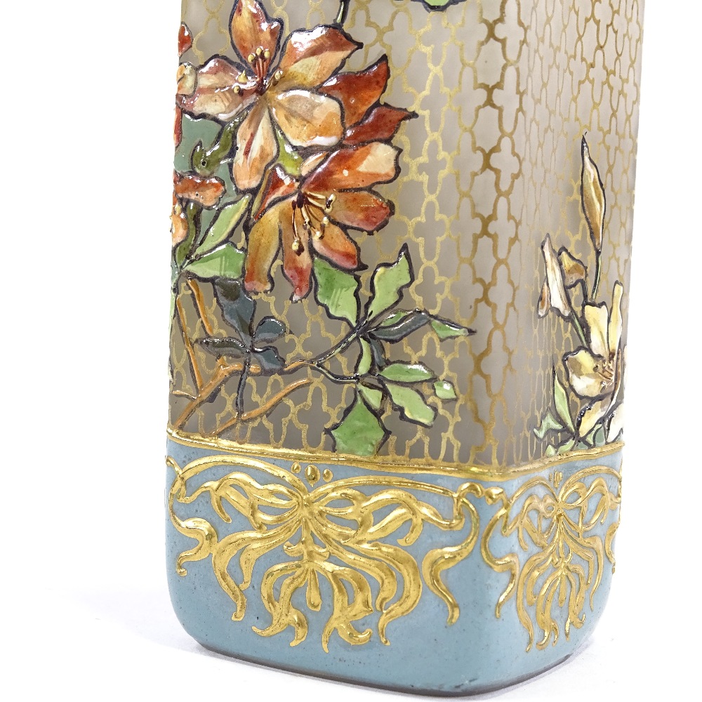 An Art Nouveau square-section opaque glass vase, with hand painted enamel peacock and flower - Image 7 of 8