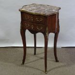 A French kingwood 2-drawer side table with shaped marble top and ormolu mouldings and mounts,